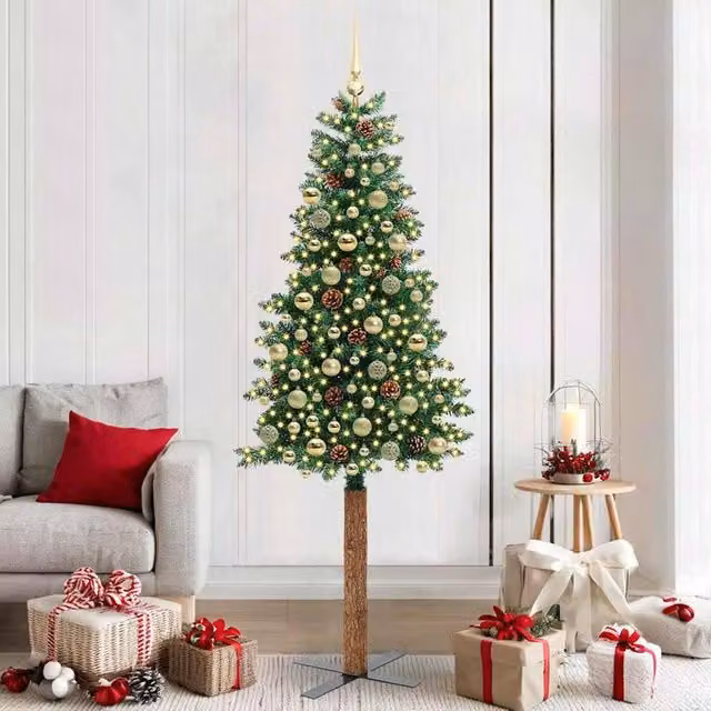 Berkfield Home Slim Green Christmas Tree, Height: 210 cm, PVC and Solid Pine Wood – 1