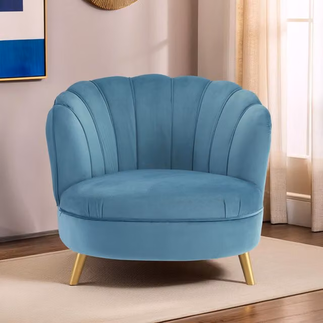 Orsina Blue Velvet Scalloped Armchair with Gold Legs – 2