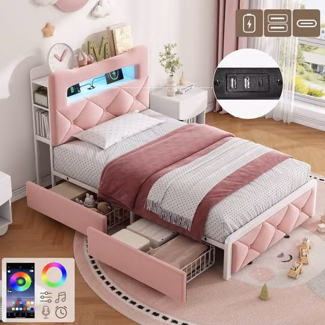 BTM Single Velvet Upholstered Bed in Pink with LED Under-bed Lighting, USB Charging Port and 2 Drawers, W/D/H: 90 x 190 x 112 cm – 1