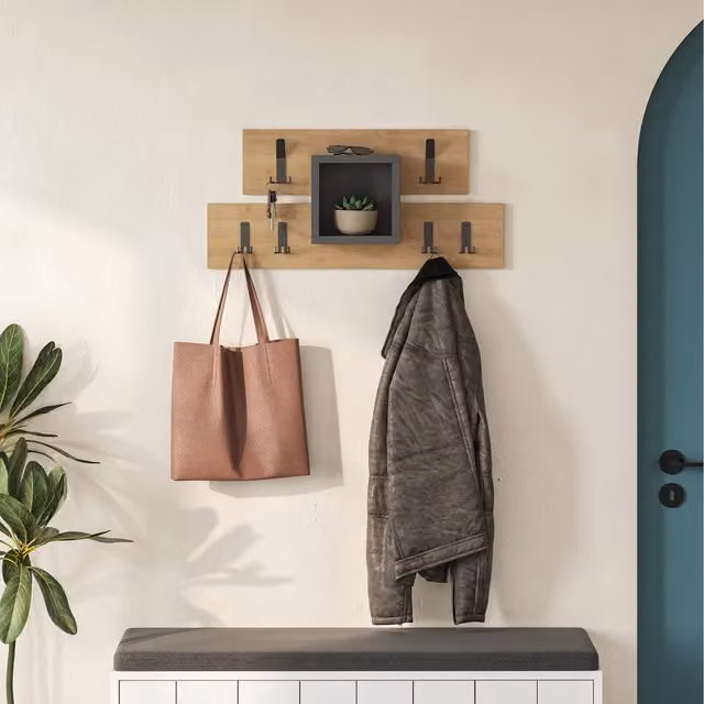Decortie Lumina Modern Oak Coat Hanger with 6 Hooks and 1 Open Shelf