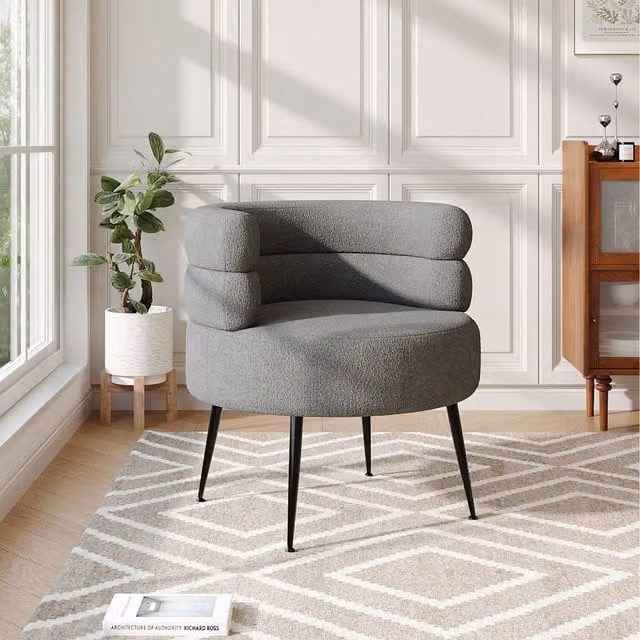 Komore Grey Bouclé Fabric Tub Accent Chair with Armrests and Mixed Wood and Metal Frame