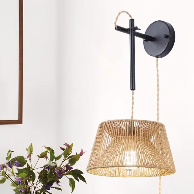 Garwarm Brown Rattan Adjustable Plug-in Swing Arm Wall Sconce