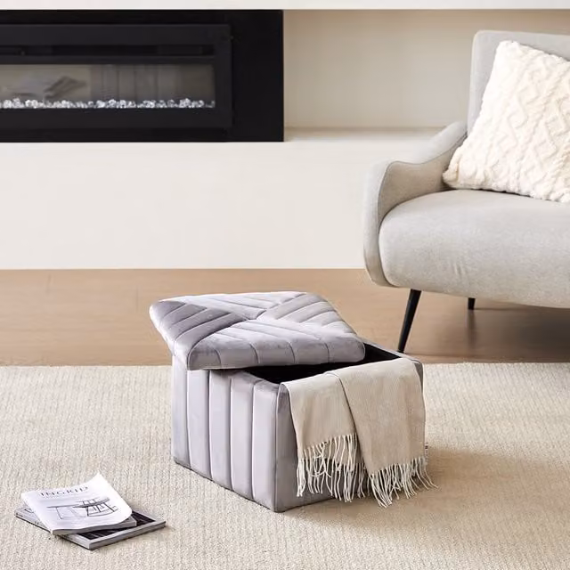 Livingandhome Modern Grey Velvet Upholstered Cube Storage Ottoman Footstool