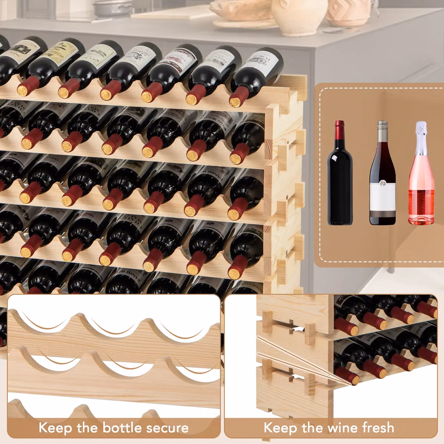 Costway Stackable Modular 60 Bottle Wine Rack in Natural Pine Wood – 3