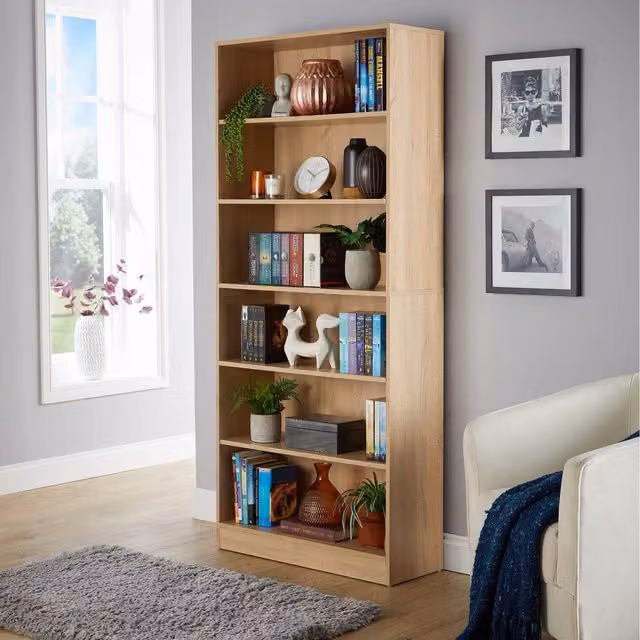 Home Source Clara Tall Wide Storage Bookcase in Oak Effect with Adjustable Shelves