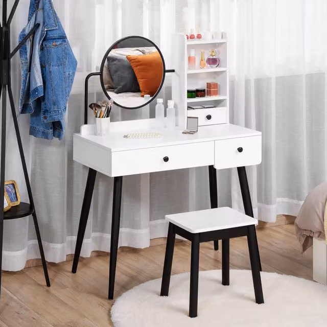 HOMCOM Modern White Dressing Table Set with Round Mirror
