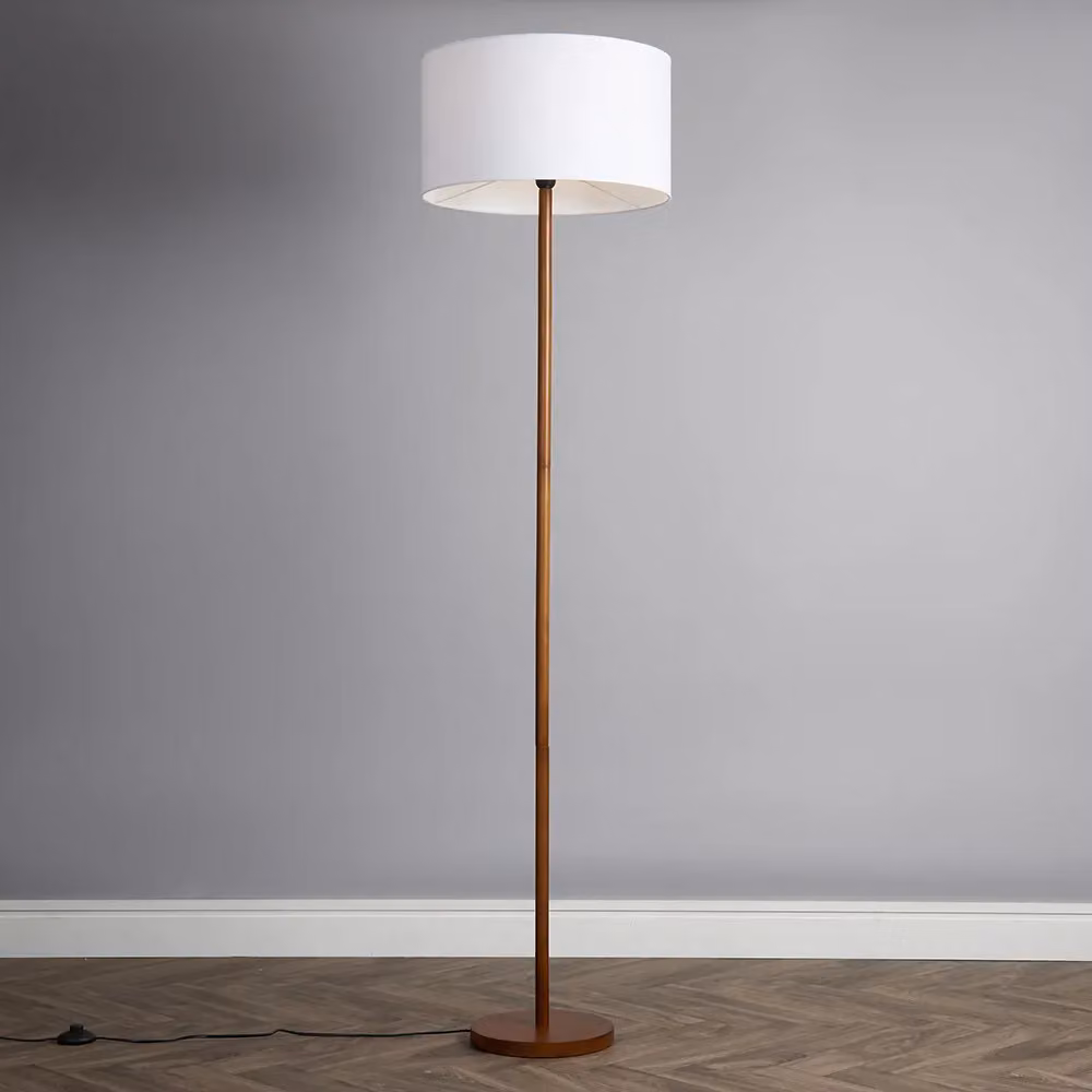 ValueLights Heather Wood Floor Lamp with Fabric Cylinder Shade and LED Bulb in White and Wood – 2