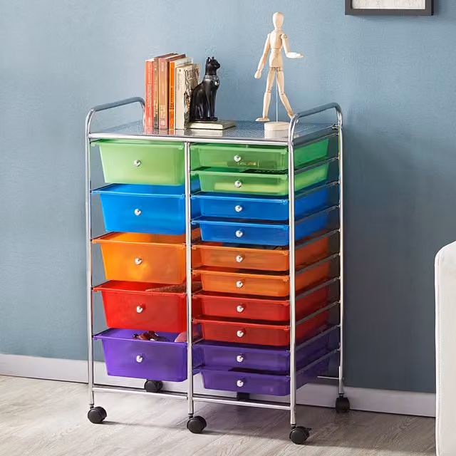 Yaheetech 15 Drawer Metal Frame Storage Cart with Castors in Multicolour Green
