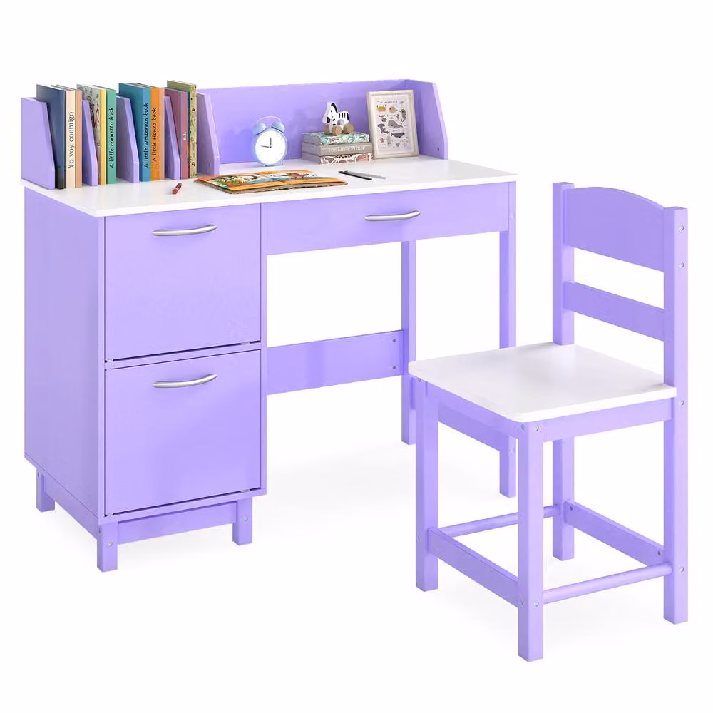 Costway Kids Study Desk and Chair Set, Purple Wooden Activity Table with Wide Rectangular Desktop – 2