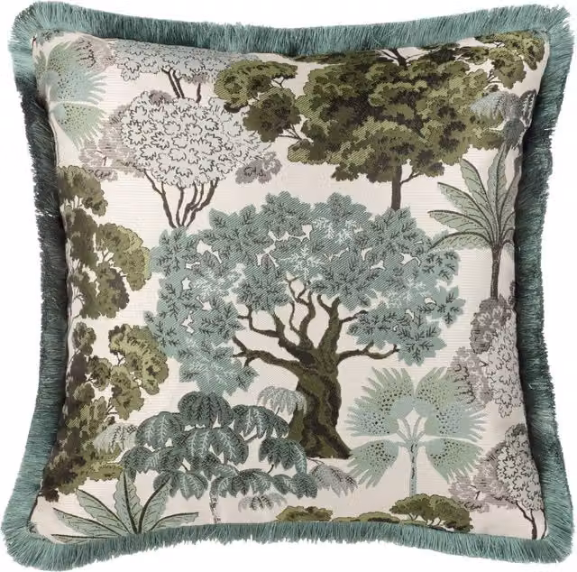 Woodlands Floral Jacquard Square Cushion in Green with Feather Filling