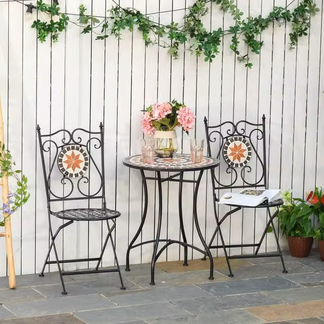 OUTSUNNY 3 Piece Mediterranean Garden Set with Ceramic Tile Round Table and 2 Foldable Chairs in Black – 1