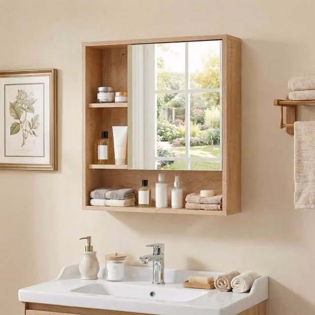 Gymax Modern Wall Mounted Medicine Cabinet with Mirror and Glass Doors in Beige