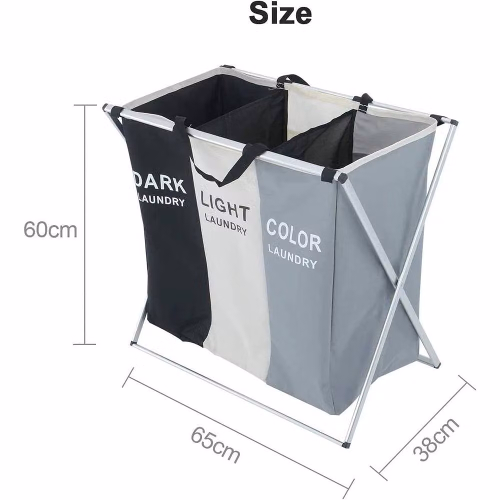 EONLION 3 Compartment Laundry Clothes Washing Storage Basket in Black with Handles and Collapsible Fabric Design, Height: 100 cm – 2