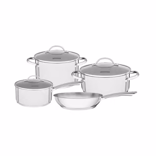 Tramontina 4 Piece Stainless Steel and Aluminium Cookware Set in Silver with Frying Pan, Saucepan and Glass Lid