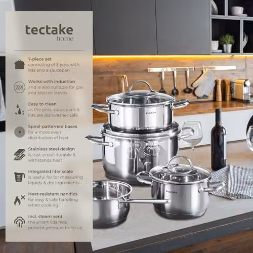 tectake Bologna 7-Piece Stainless Steel Saucepan and Pot Set with Glass Lids in Silver – 2