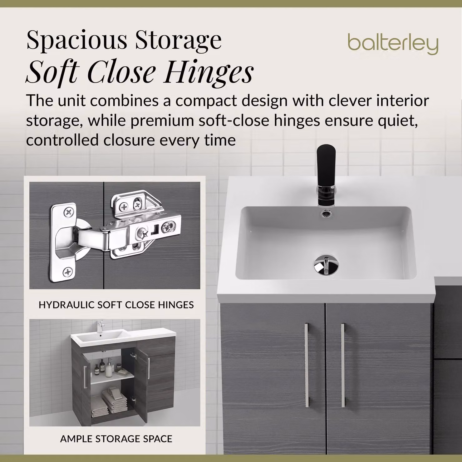 Balterley Anthracite Grey Left Hand Bathroom Vanity Basin and WC Unit with Soft Close Doors, W: 110 cm, D: 39 cm – 3