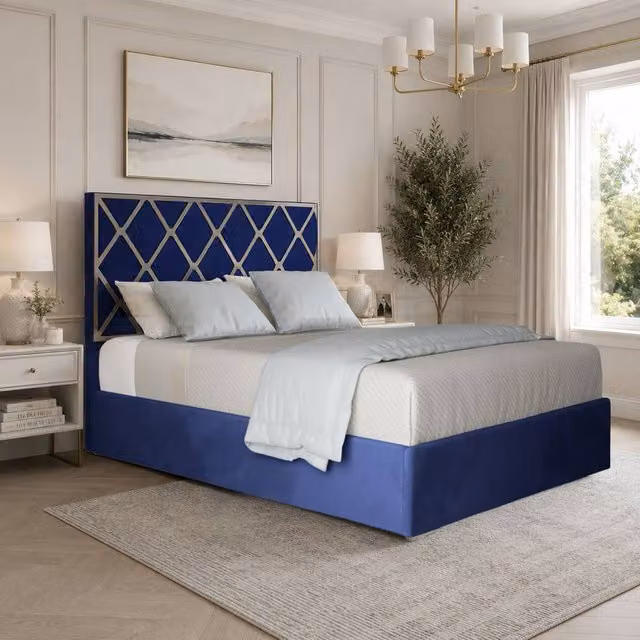 KDMD Wilburton Single Designer Bed Frame in Blue Velvet with Metal Accents, W/D/H: 90 x 200 x 127 cm