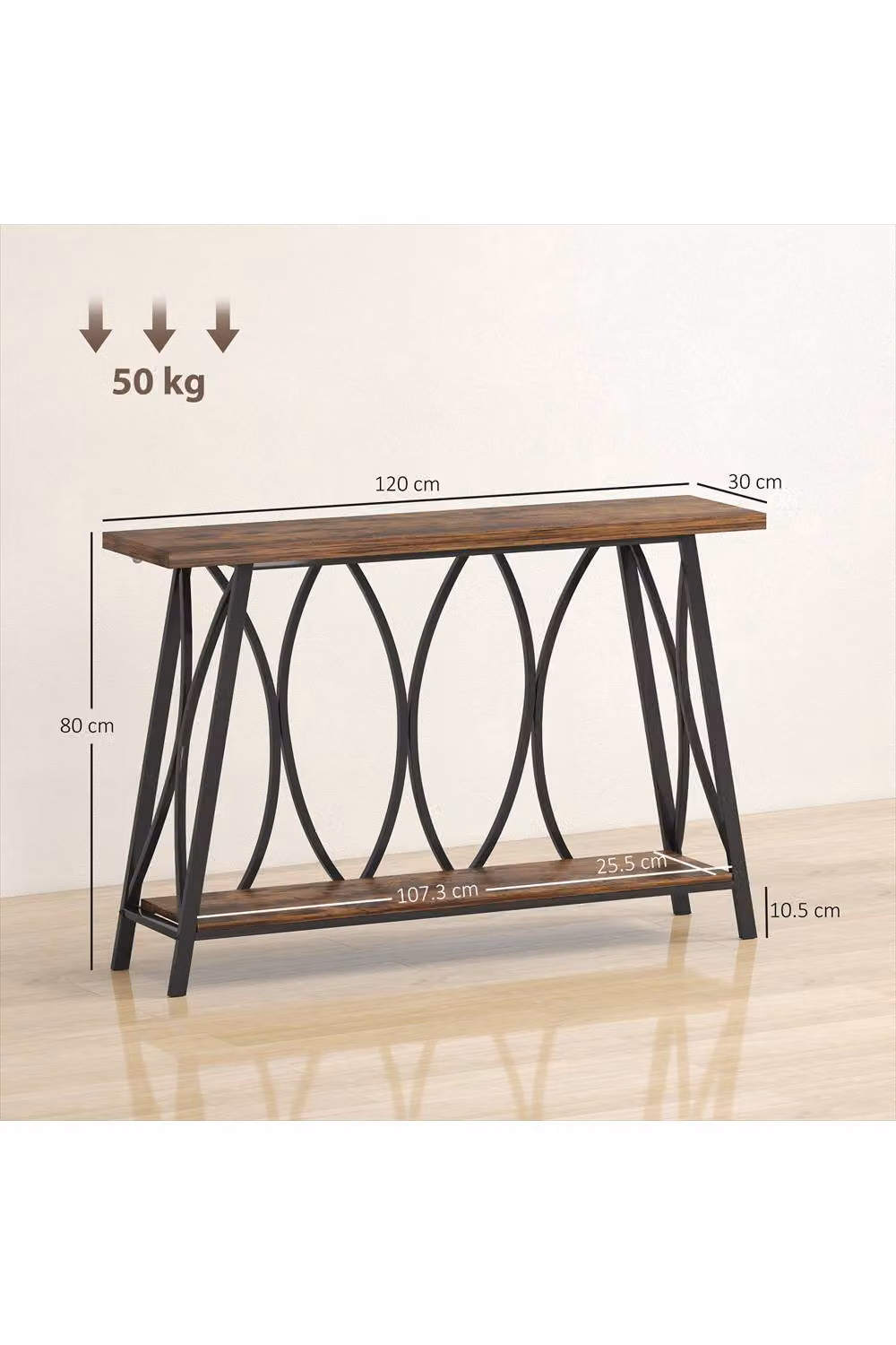ERGOVEXA Industrial 2-Tier Narrow Console Table and Shoe Rack in Brown, White or Black, W/D/H: 50 x 26 x 80 cm – 2