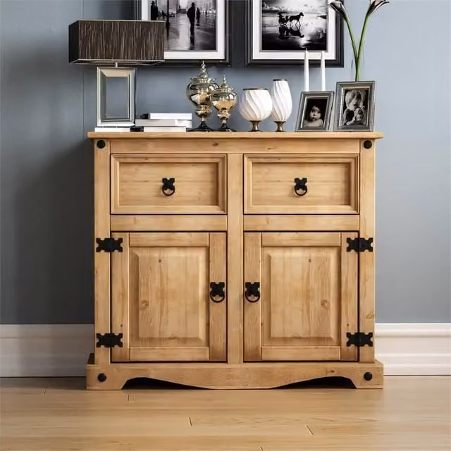 EONLION Rustic Solid Pine 2 Door and 2 Drawer Sideboard Cabinet in Brown, Width: 100 cm – 1