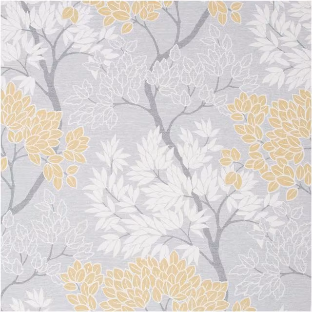 Fresco Lykkes Tree Ochre Floral Wallpaper in Yellow, White and Grey, Width: 52 cm, Length: 1000 cm