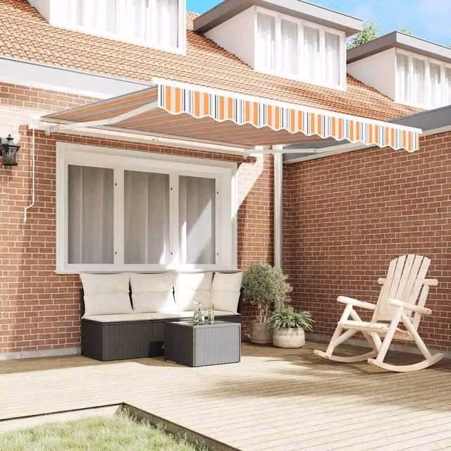 Berkfield Home Manual Retractable Folding Arm Awning with Multicolour Orange Stripes, W: 350 cm, D: 250 cm – 1