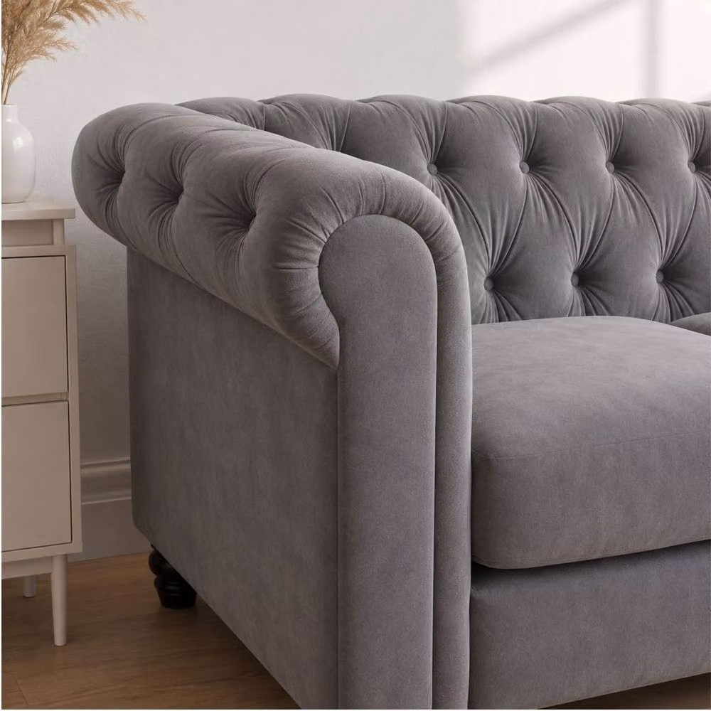 Sofaya Hampton 3 Seater L Shape Chesterfield Sofa in Grey Velvet with Right Hand Chaise – 3