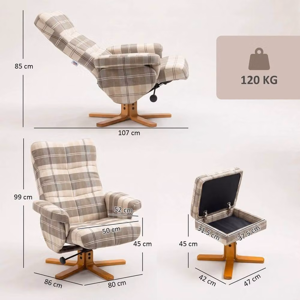 FORGEVIO Recliner Chair and Footstool in Beige Linen-touch Fabric with 360 Degree Swivel and Manual Lever – 3