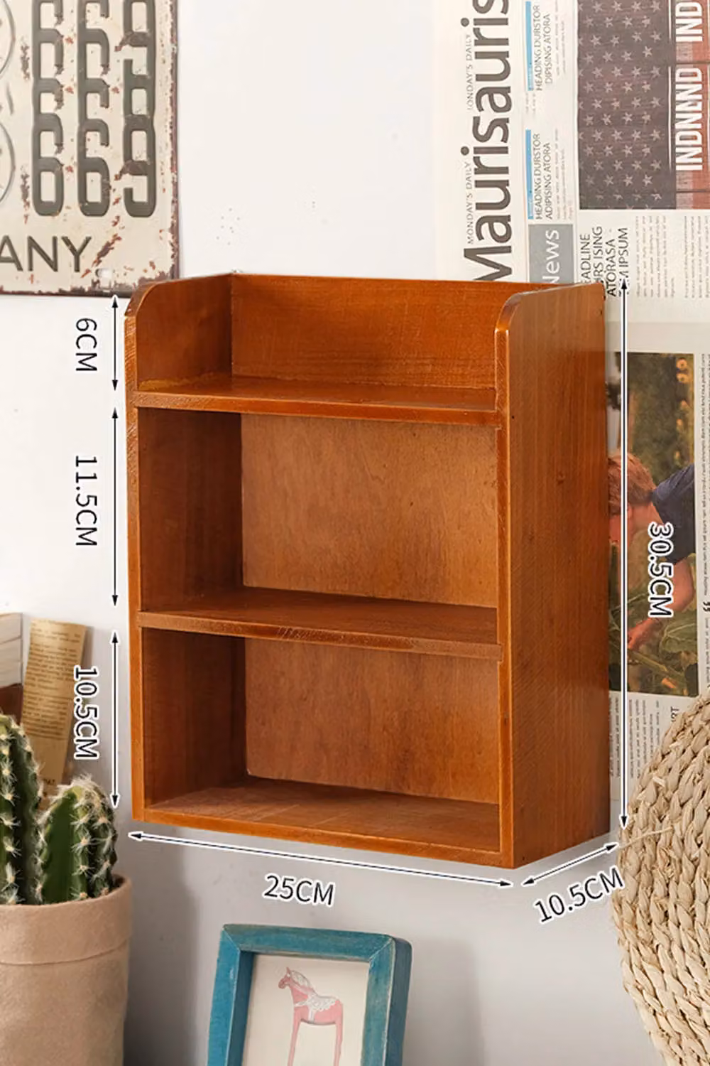 SHEONLY 3-Tier Retro Wooden Tabletop Storage Rack, Brown, W: 30.5 cm, D: 25.0 cm – 3