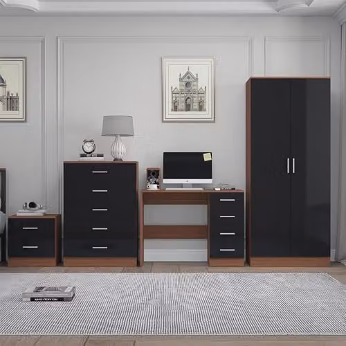 REFLECT Modern Bedroom Furniture Set in Black Gloss and Walnut Finish featuring 2 Door Wardrobe, 5 Drawer Tallboy Chest, 2 Drawer Bedside Table and Dressing Table