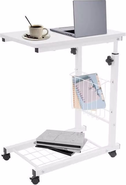 Havendro Mobile Bedside Table with Castors, Height Adjustable, White