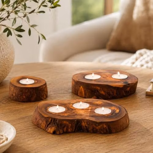 Verano Spanish Ceramics Set of 2 Rustic Brown Olive Wood Tea Light Holders – 3