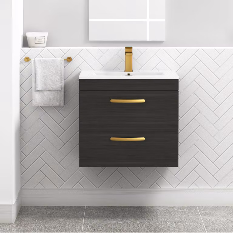 Royal Bathrooms Turin 600mm Wall Hung Vanity Unit in Charcoal Oak with 2 Drawers and Brushed Brass Handles