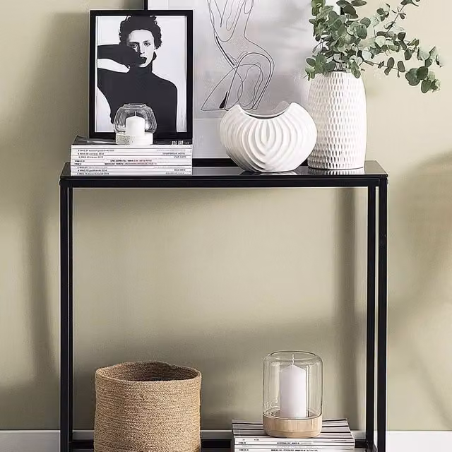 Wyld and Coco Modern Black Console Table with Rectangular Tempered Glass Top and Metal Base W/D/H: 80 x 30 x 76 cm