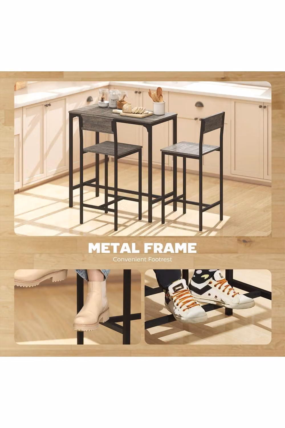 ERGOVEXA 3-Piece Industrial Bar Table Set with 2 Stools in Grey and Black – 2