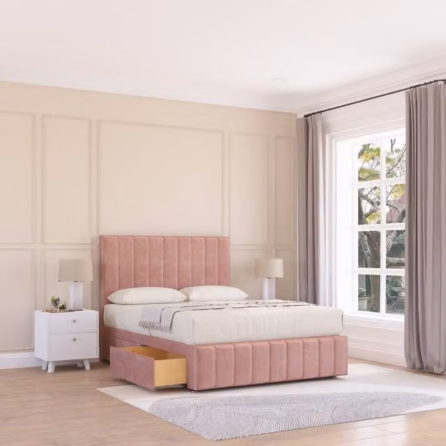 Sloomy California Divan Bed Base in Pink Velvet with 4 Drawers, 12 inch Footboard and 54 inch Floor Standing Headboard, W/D/H: 180 x 200 cm