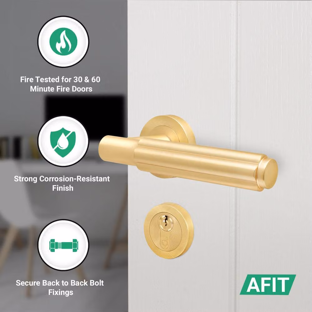 AFIT Gold Brass Fire Door Handle with Euro Lock Thumbturn Cylinder and Hinges Set, W: 15.0 cm x H: 15.0 cm – 2