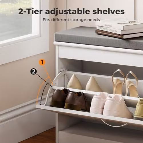 Levede Modern Shoe Storage Bench with Grey Fabric Cushion and Adjustable Shelves, W/D/H: 60 x 24 x 51 cm – 3