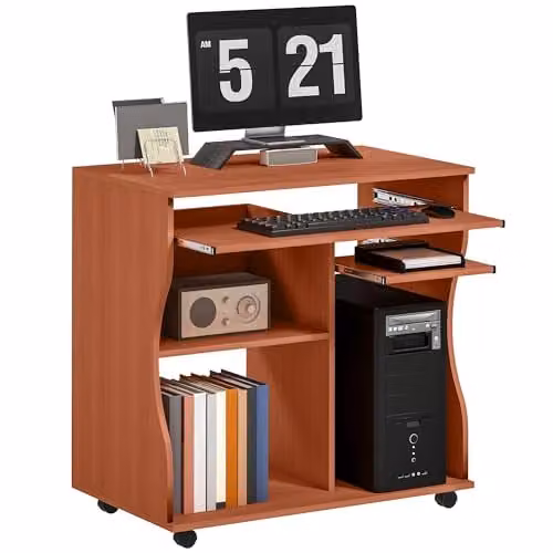 HOMCOM Modern Computer Desk with Castors and Sliding Keyboard Tray, Brown, W: 80 cm, D: 48 cm, H: 76 cm – 1