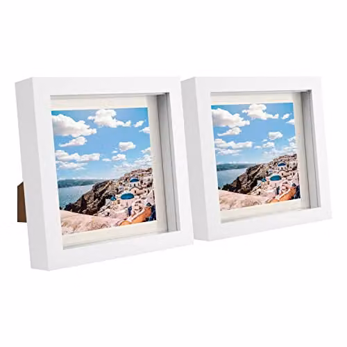 Nicola Spring Pack of 2 White Square 3D Box Photo Frames with Beige Mounts for Hanging or Standing