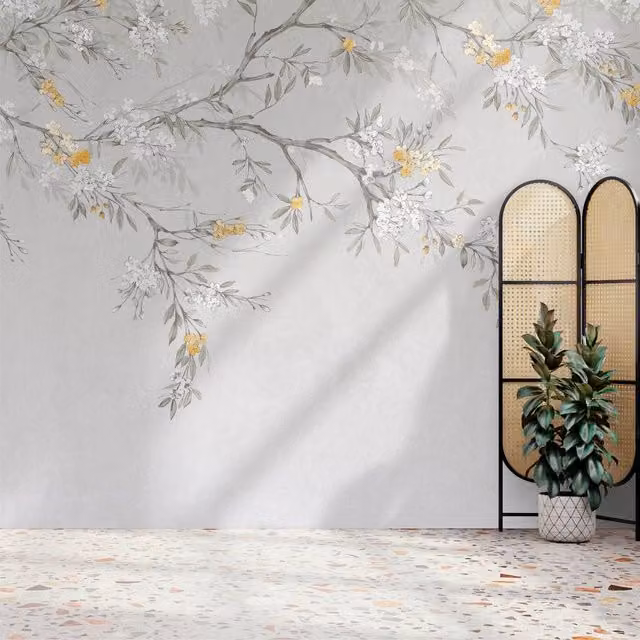Superfresco Easy Blossom Trail Floral Wall Mural in Yellow and Grey, W: 300 cm, H: 280 cm