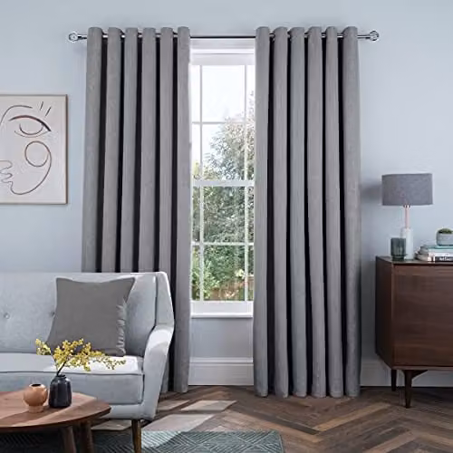 Sleepdown Linen Look Eyelet Blackout Curtains, Thermal Insulated and UV Resistant, Charcoal Grey, W: 117 cm, H: 137 cm