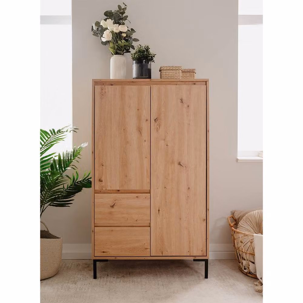 CALICOSY PLOCK Highboard with 2 Doors, 2 Drawers and 2 Shelves in Light Brown, H 139 cm, W 47.5 cm, D 40 cm, D 40 cm – 2