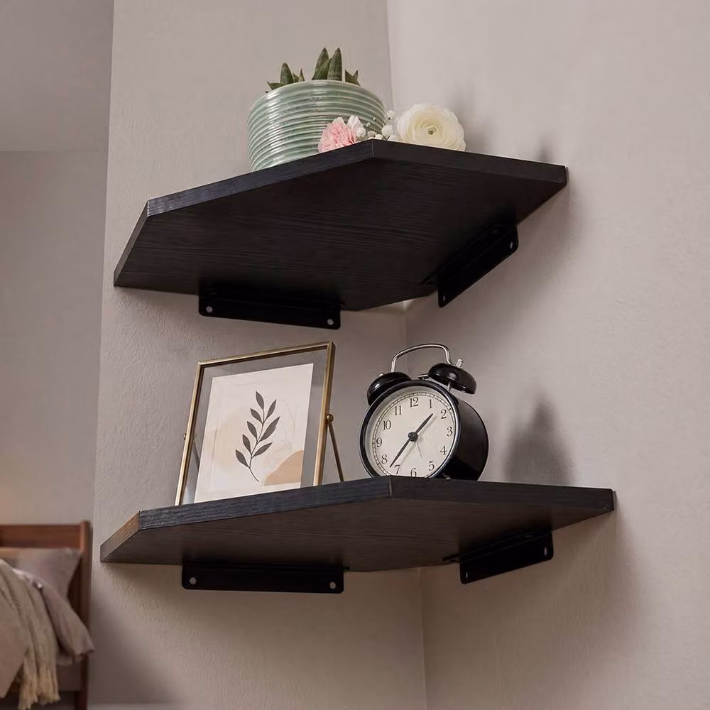 Levede 2 Pack Black Matt Wooden Floating Corner Shelves with Cable Cut Out – 3