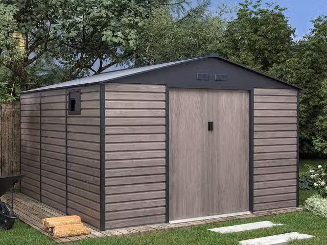 Vente-unique ADELMO Galvanised Steel Garden Shed in Grey Wood Effect with Double Doors and Window, 13.12 m2