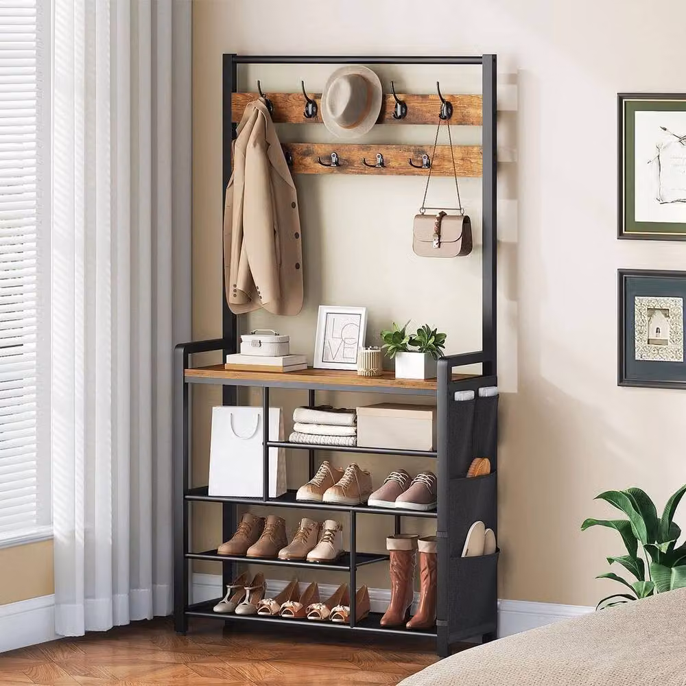 NESTLUNE Industrial Hall Tree with Bench and Shoe Storage, Black – 3