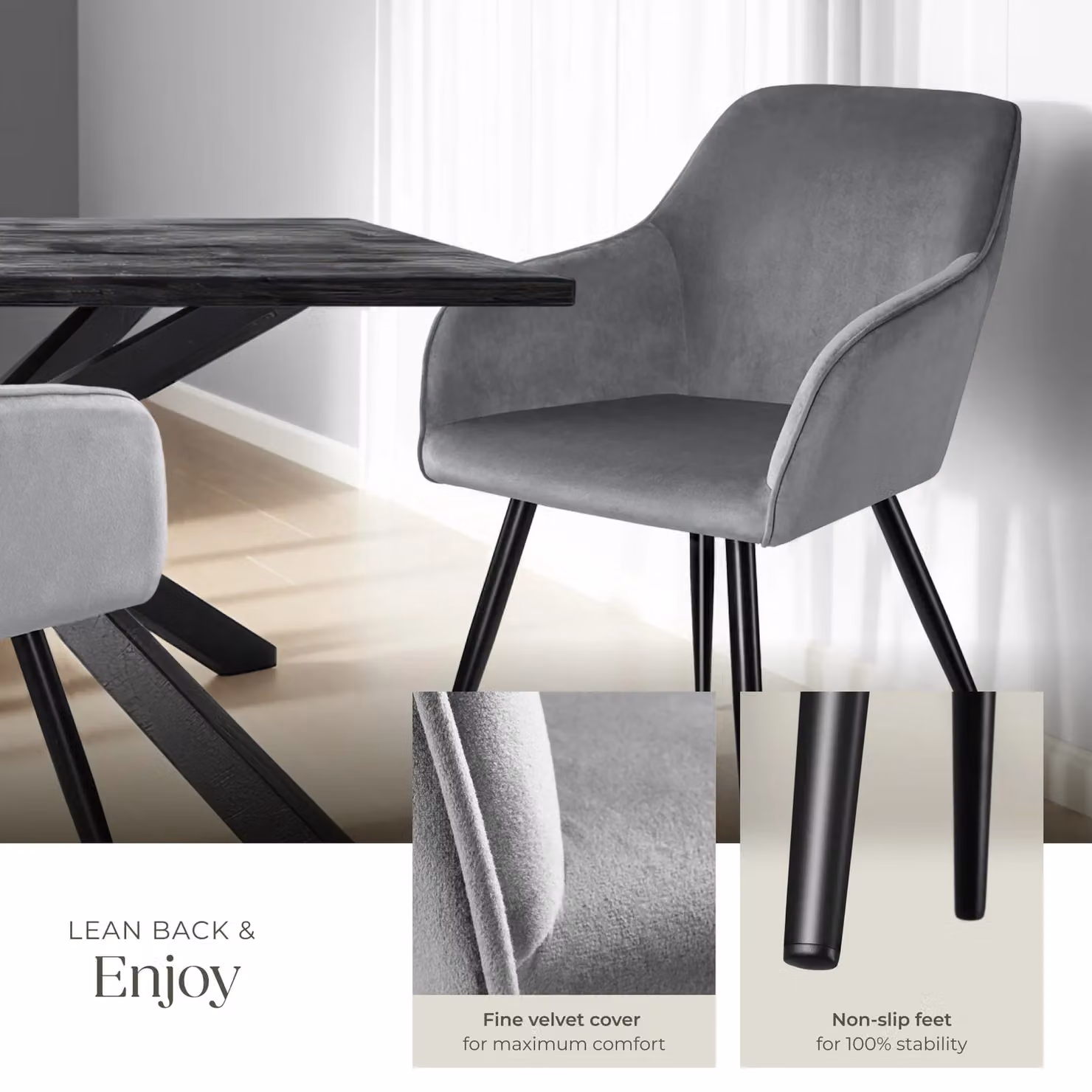 tectake Marilyn Set of 6 Velvet Dining Chairs in Grey and Black – 4