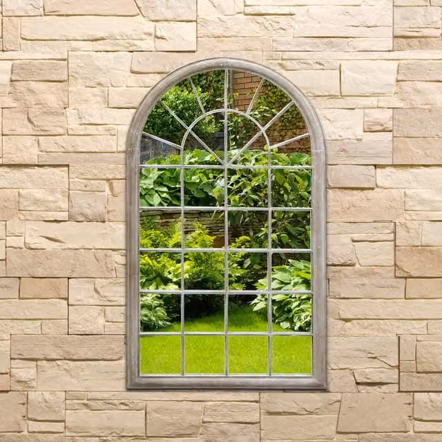Charles Bentley Classic Geometric Arch Outdoor Wall Decorative Mirror in Silver and Yellow Metal and Glass