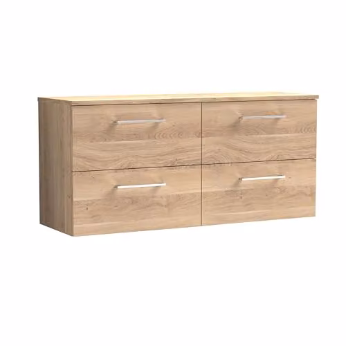 Balterley Wall Hung 4-Drawer Bathroom Vanity Unit with Rectangular Laminated Worktop and Bar Handles in Bleached Oak, W/D/H: 120.5 x 39.0 x 55.8 cm