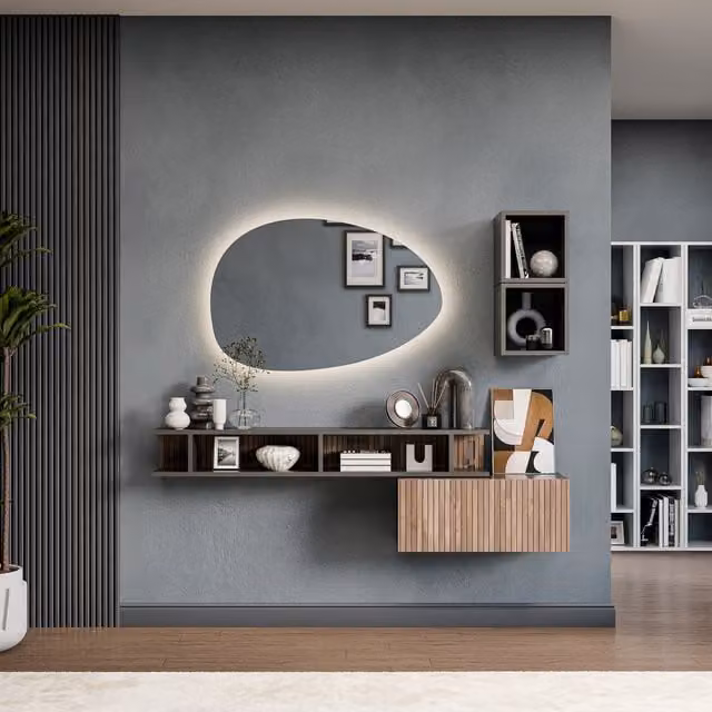 Decorotika Tampere Modern Wall Mounted Entertainment Center in Black with Abstract Pattern and LED Lighting
