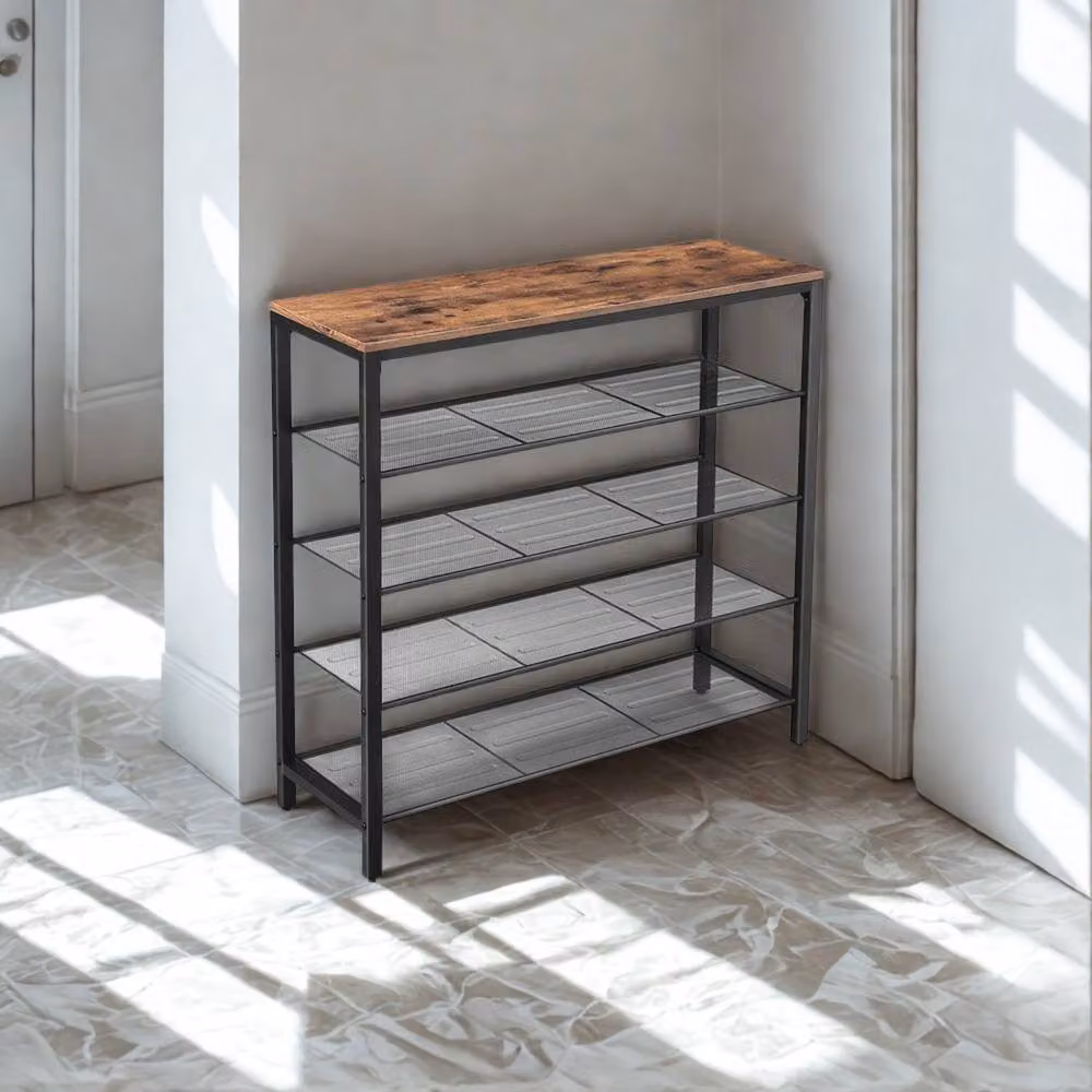 Pirlo Plush 5 Tier Industrial Shoe Rack and Hallway Storage Organiser in Brown and Black – 2